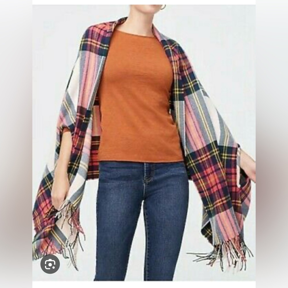 J.Crew jcrew Stripe Sweater Plaid Cape Scarf Wrap fringe SMALL Womens NEW shirt - Picture 11 of 13